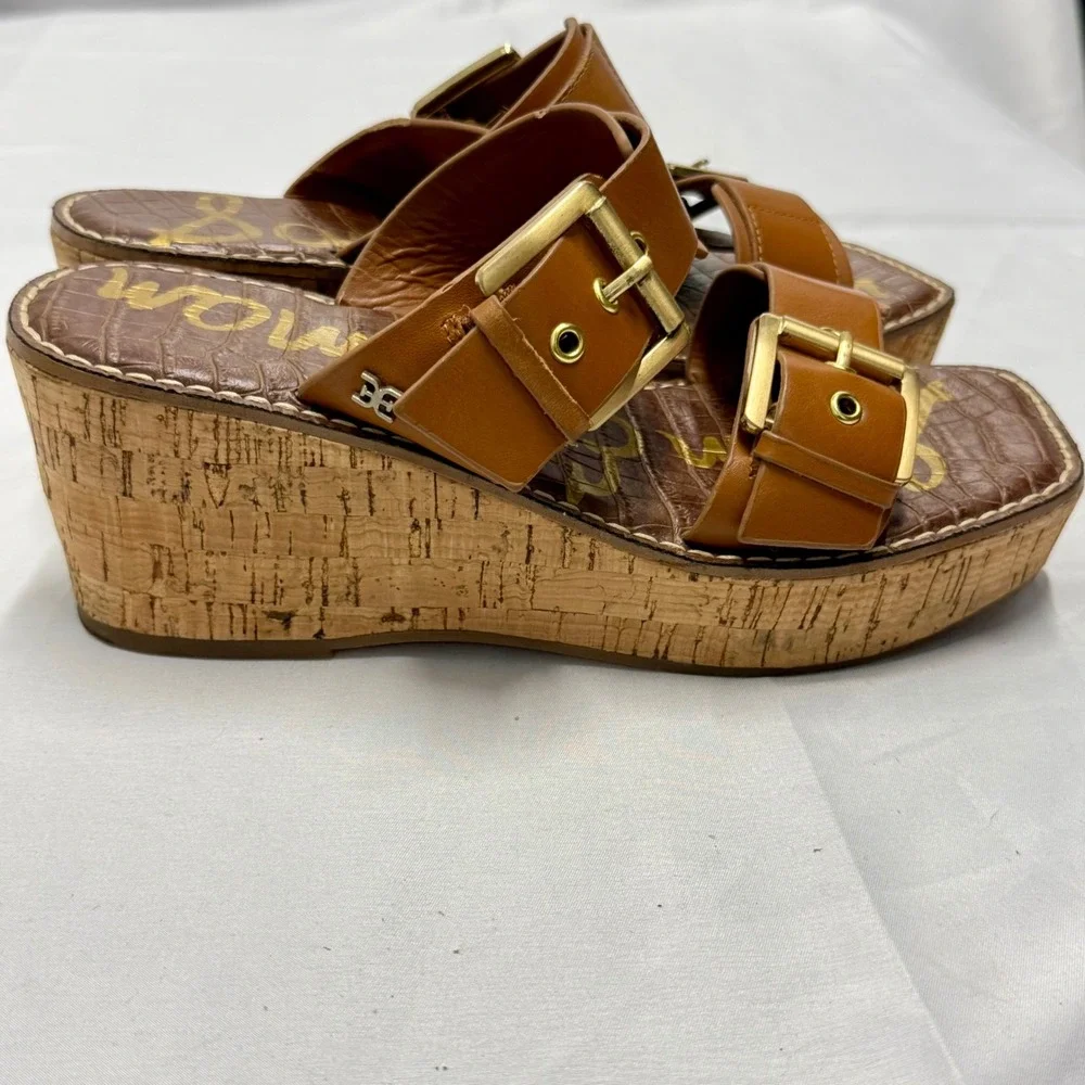 Sam Edelman Anna Leather Cork Wedge Sandals Gold Buckle Platform Square Toe 7.5